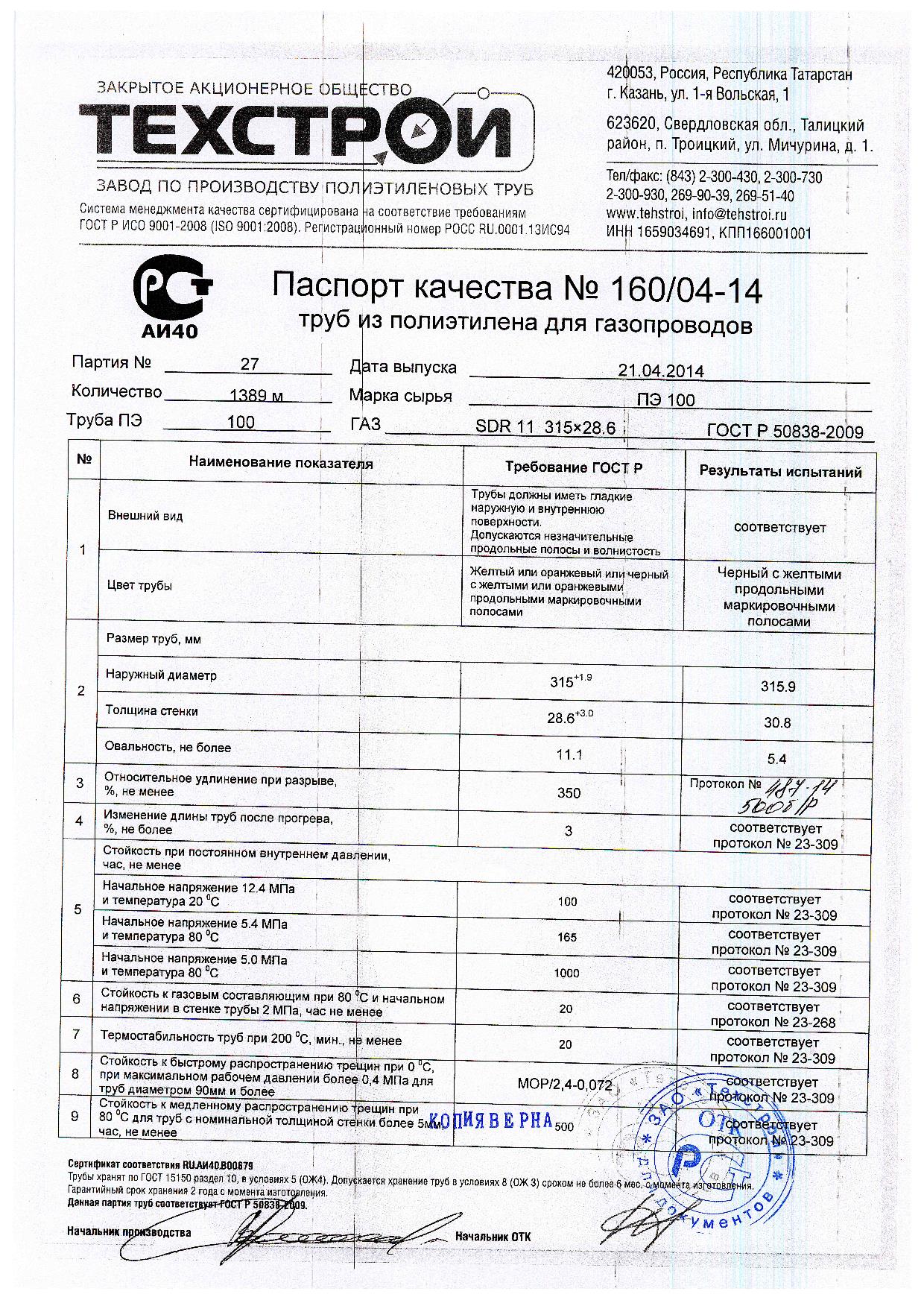 паспорта качества труба ПНД диаметр 315мм сдр 11 газ 2014 | Трубы ...